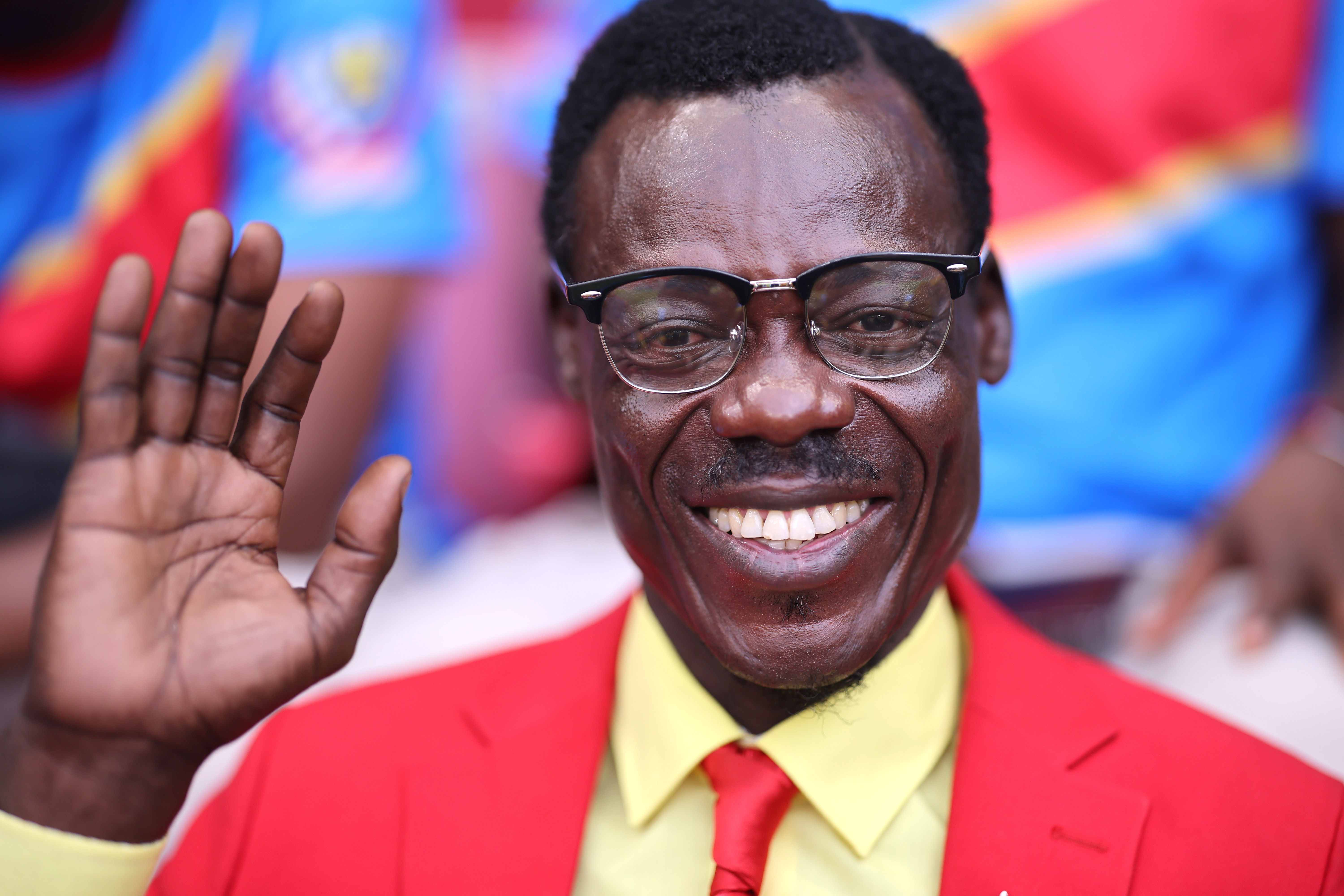 ZAPOPAN, MEXICO - JUNE 23: Congo DR fan Michel Nkuka Mboladinga, also known as Lumumba Vea, is seen before the FIFA World Cup 2026 Group K match between Colombia and Congo DR at Guadalajara Stadium on June 23, 2026 in Zapopan, Mexico. (Photo by Hector Vivas - FIFA/FIFA via Getty Images)