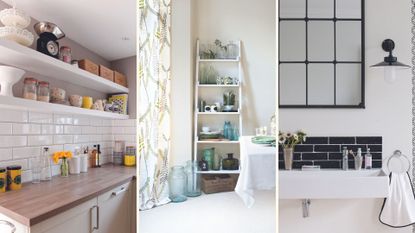 compliation of three images of a kitchen, dining room and bathroom to support an article on the hack of employing yourself to spring clean