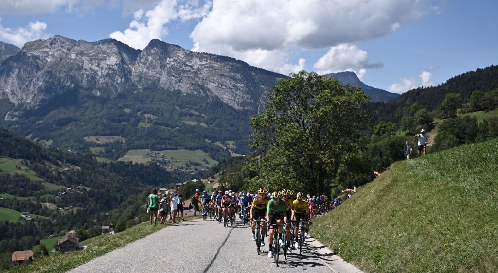 The pack of riders climb during the fourth stage of the 72nd edition of the Criterium du Dauphine cycling race 153 km between Ugine and Megeve on August 15 2020 Photo by AnneChristine POUJOULAT AFP Photo by ANNECHRISTINE POUJOULATAFP via Getty Images