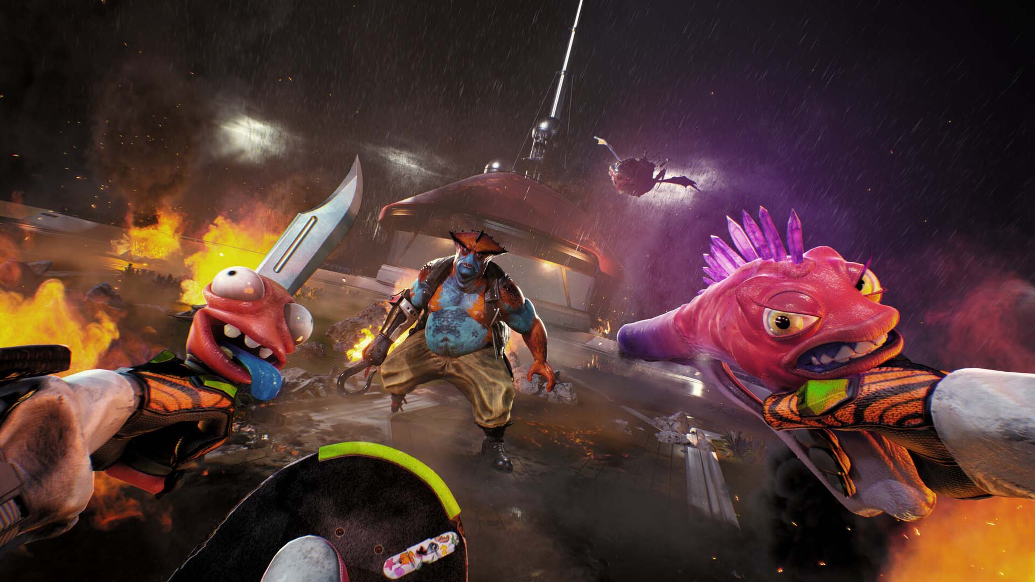 Screenshot from High on Life 2 showing first-person view of coming toward an enemey while on a skateboard with weapons drawn.