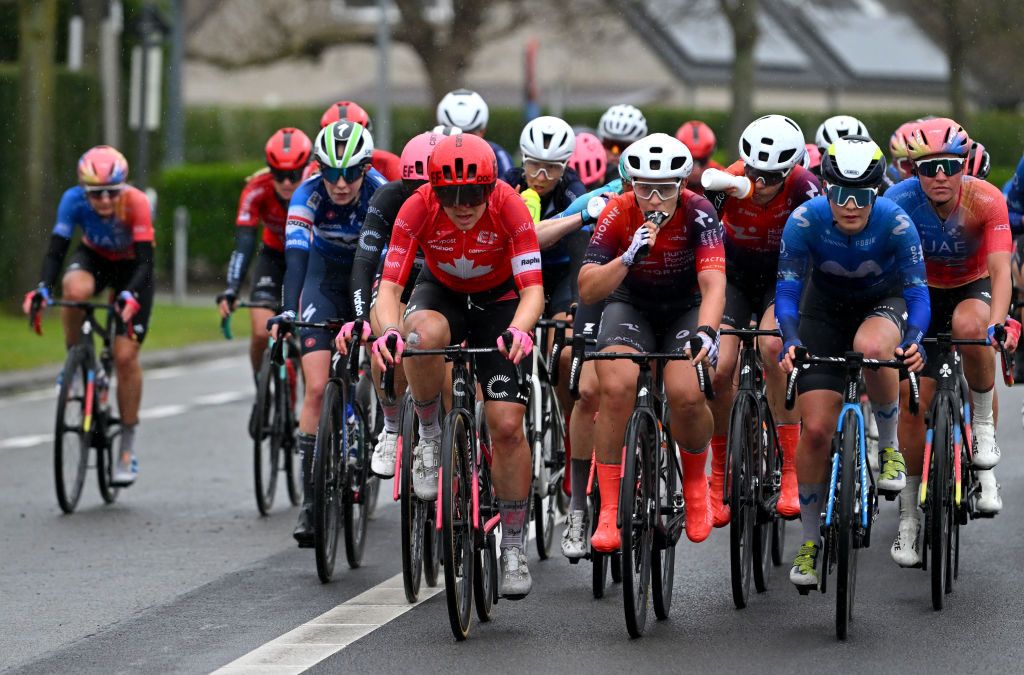 OUDENAARDE BELGIUM MARCH 31 LR Alison Jackson of Canada and Team EF EducationCannondale Linda Zanetti of Switzerland and Team Human Powered Health and Lucia Ruiz Perez of Spain and Movistar Team compete during the 21st Ronde van Vlaanderen Tour des Flandres 2024 Womens Elite a 163km one day race from Oudenaarde to Oudenaarde UCIWWT on March 31 2024 in Oudenaarde Belgium Photo by Luc ClaessenGetty Images
