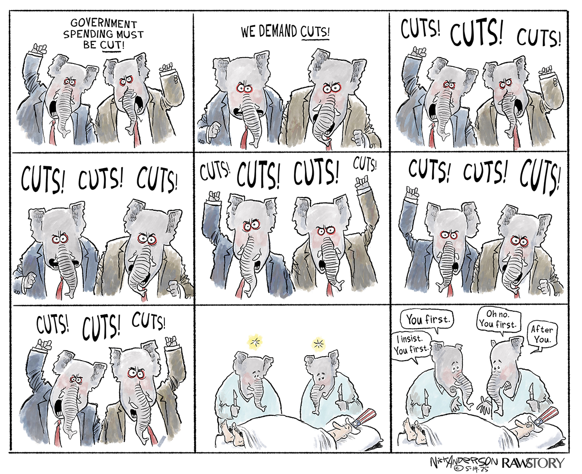 This is a nine-panel political cartoon. The first seven panels show two elephant caricatures in suits, emphatically raising their fists and repeatedly shouting "GOVERNMENT SPENDING MUST BE CUT!" and then just "CUTS!" The eighth panel shows the two elephants as doctors, now with Uncle Sam on an operating table. The final panel shows the elephants looking at each other with one saying "You first. I insist. You first." and the other replying, "Oh no. You first. After you."