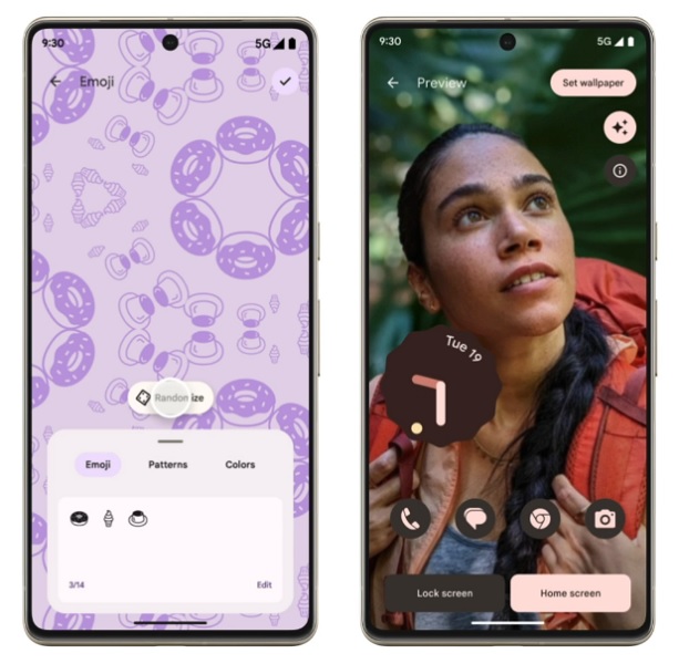 Novo papel de parede emoji do Android 14 e opções de papel de parede cinematográfico.