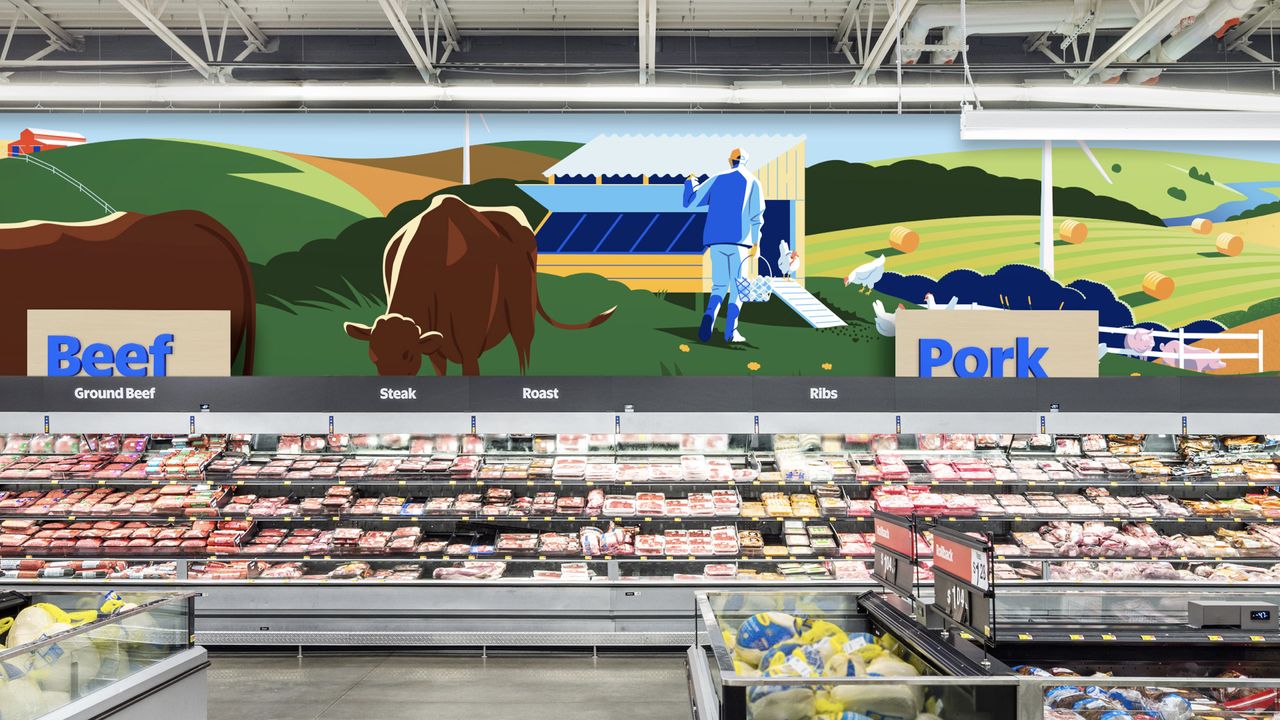 Walmart illustrations above the meat section in Walmart