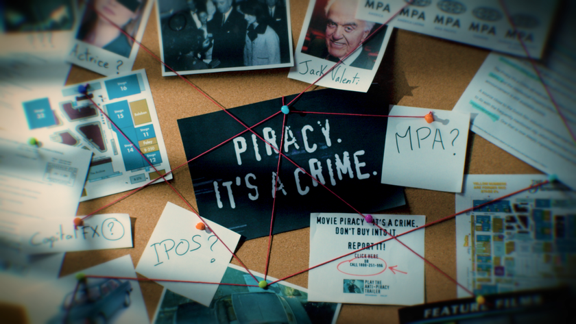 An image showing the Piracy It&#039;s a Crime typeface on a noticeboard surrounded by clues