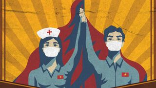 Illustration of two medics holding hands in the style of a communist propaganda poster