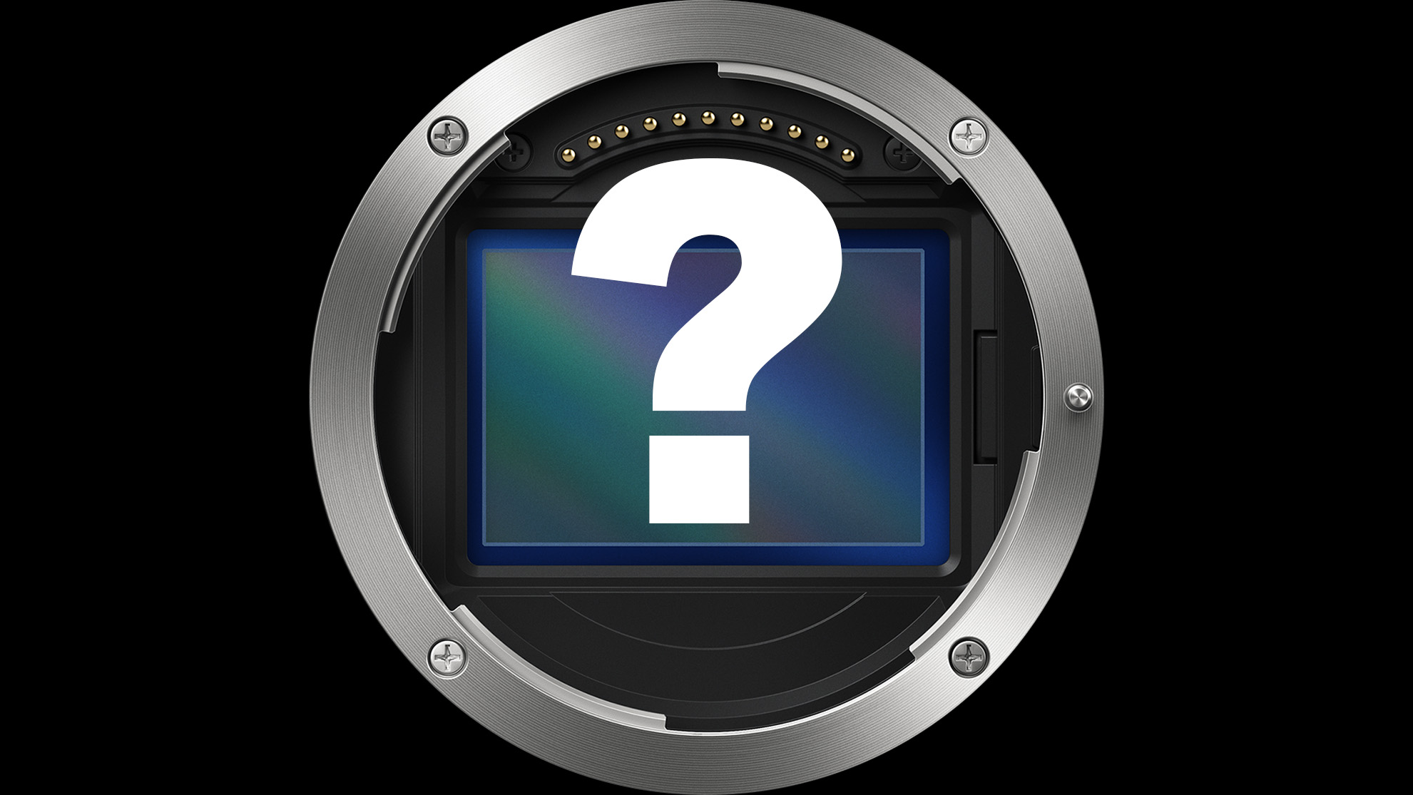 Nikon Z mount and FX sensor on a black background with a giant question mark in the middle 