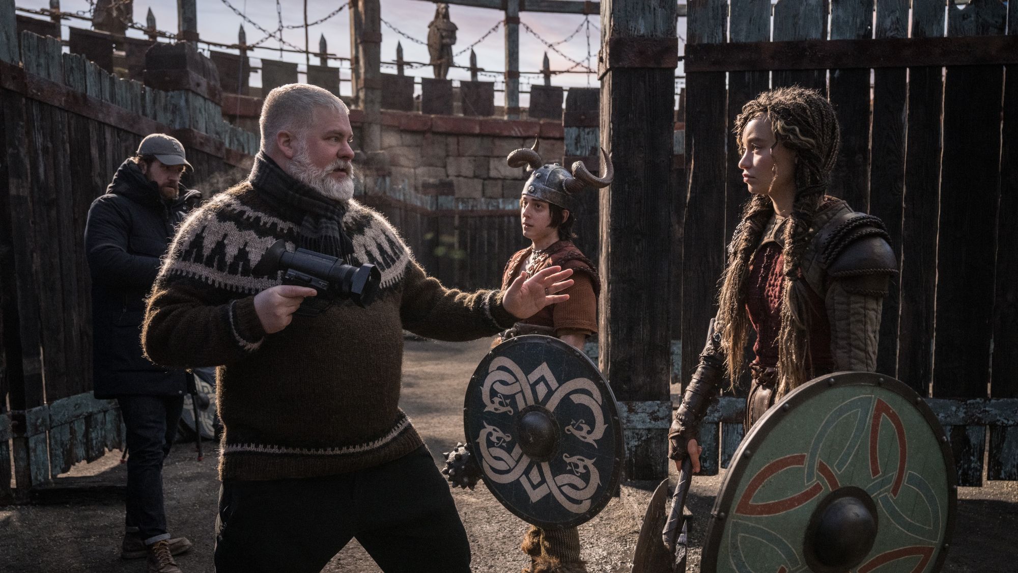 Writer-Director Dean DeBlois, Gabriel Howell and Nico Parker on the set of Universal Pictures’ live-action How to Train Your Dragon.