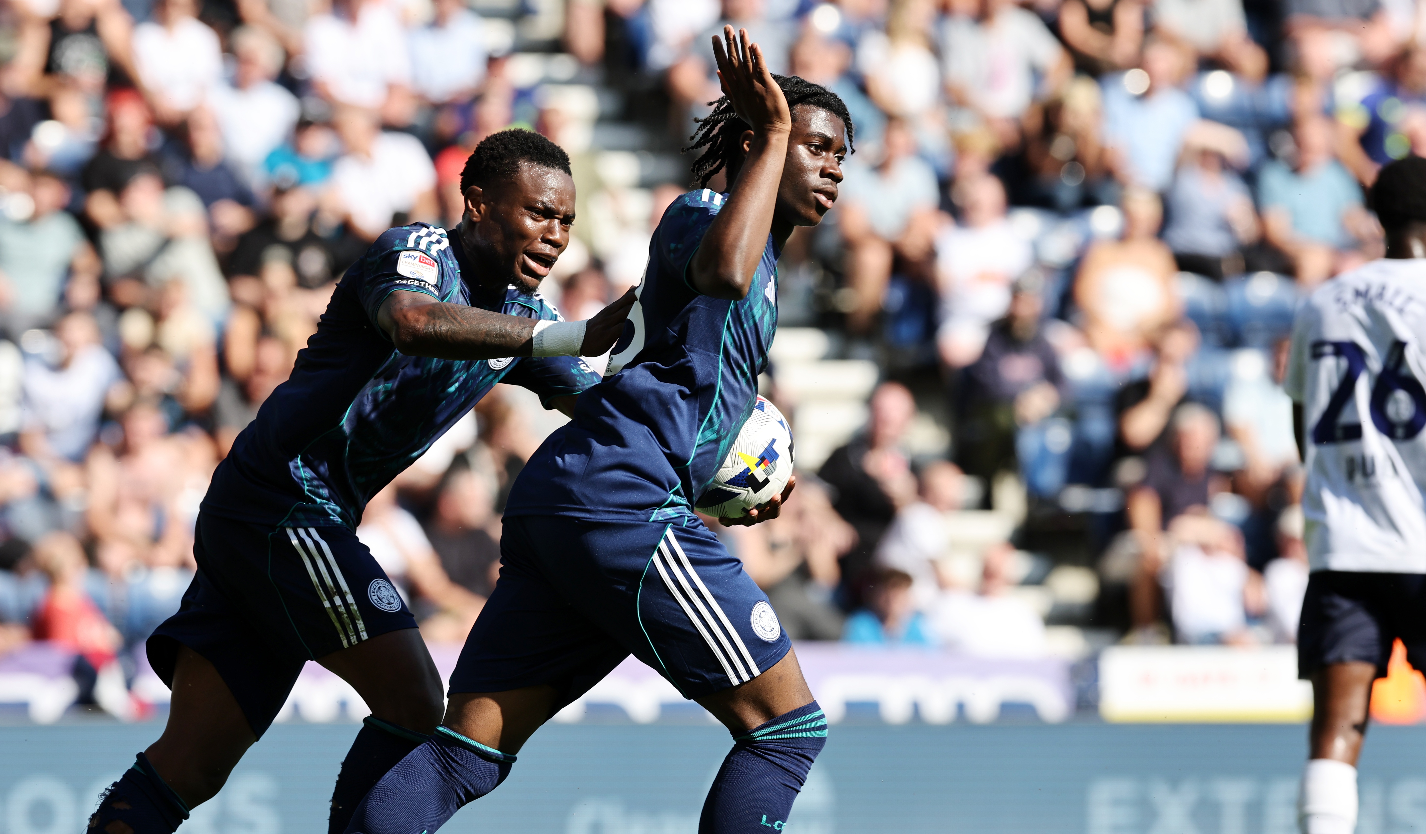Jeremy Monga of Leicester City celebrates with Abdul Fatawu after scoring to make it 1-1 during the Sky Bet Championship match against Preston North End at Deepdale on August 16, 2025 in Preston