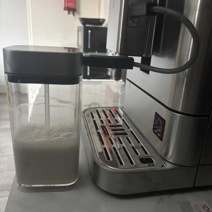 The milk container attached to the KitchenAid Fully Automatic Espresso Machine KF8.
