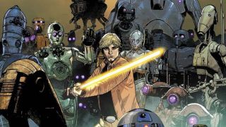 a comic book image of luke skywalker raising a lightsaber while surrounded by droids