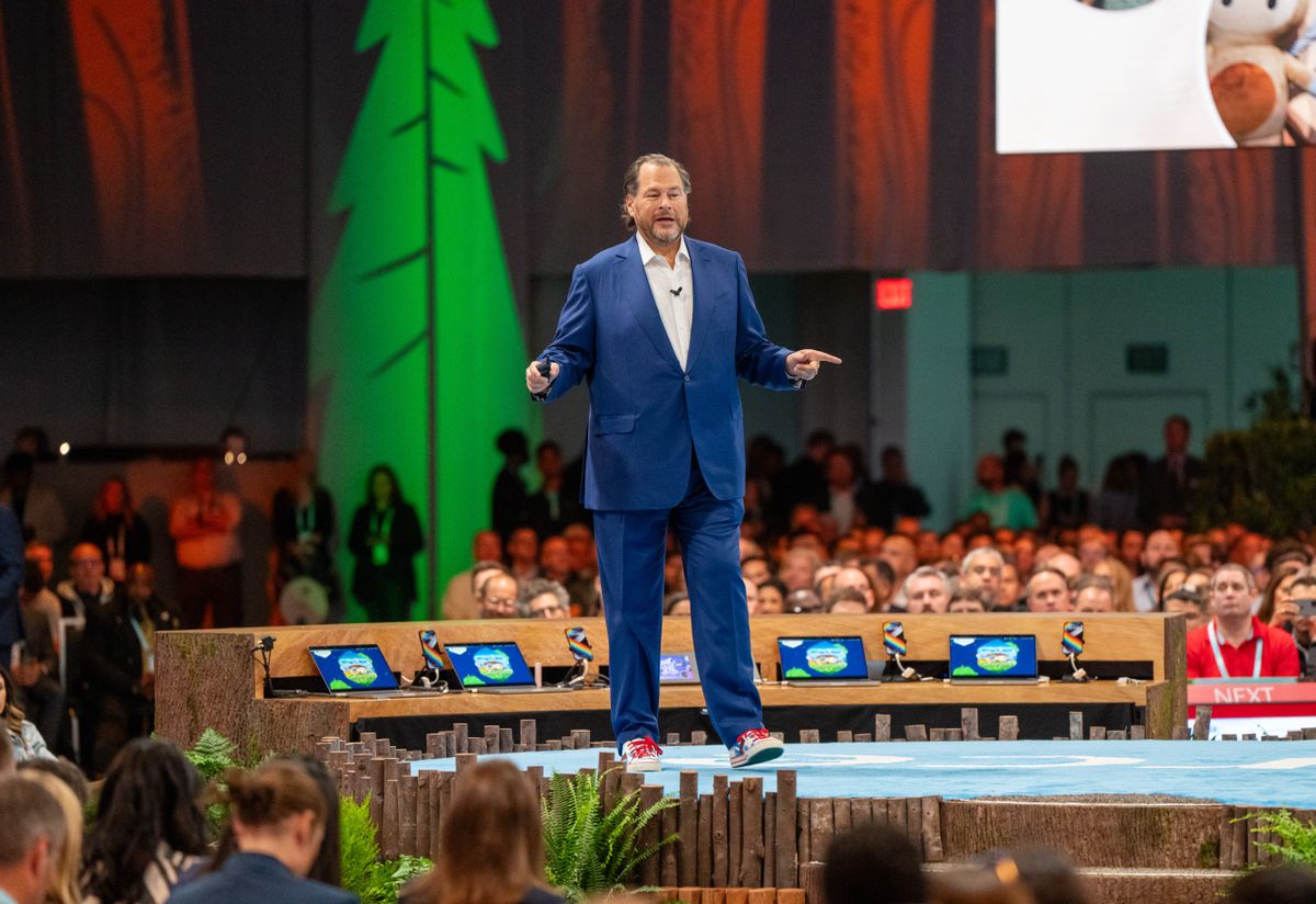 Mark Benioff speaking at Salesforce&#039;s Dreamforce 2023 conference in San Francisco, USA. 