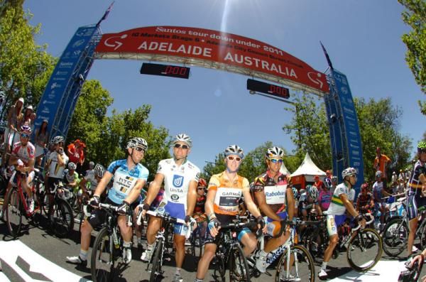 The jersey leaders pose at the start of the stage