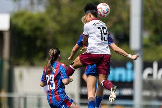 Shekiera Martinez of West Ham United scores make it 1-0 during the Barclays Women's Super League match between Crystal Palace and West Ham United on April 27, 2025 in Sutton, England.