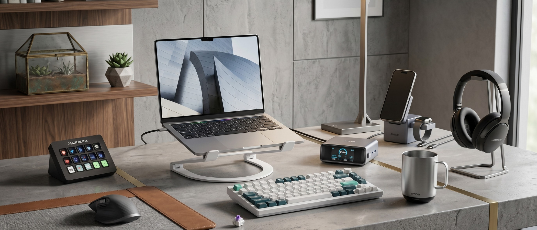 A stylish and professional home office desk filled with timeless tech