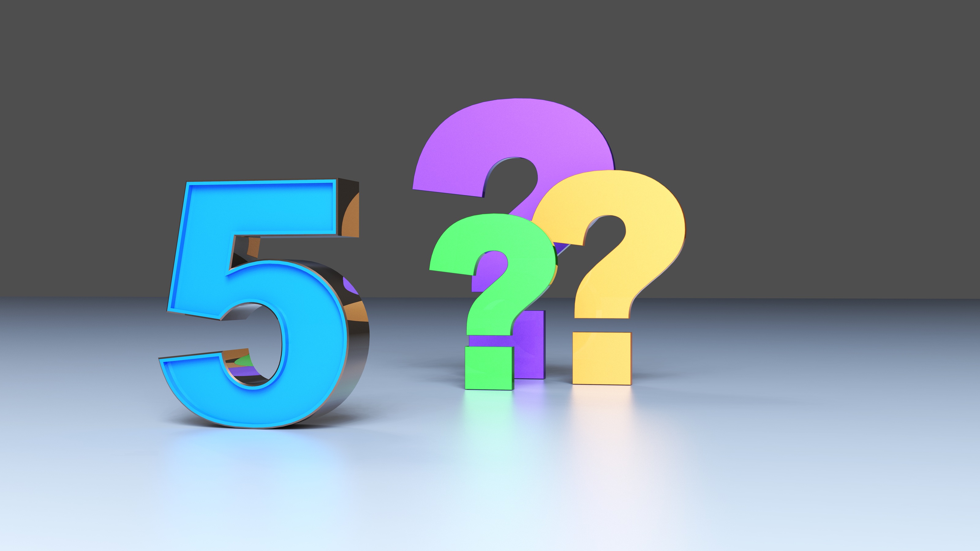 A blue number 5 next to three multicolored question marks.