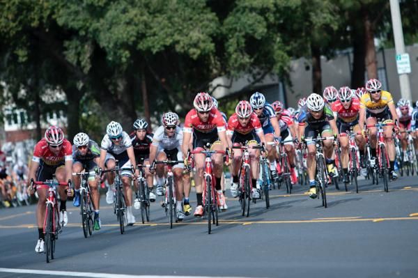 Riders battle it out to get to a turn first.