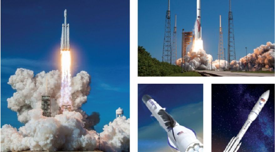 Clockwise from left: SpaceX&#039;s Falcon Heavy, ULA&#039;s Vulcan Centaur, Northrop Grumman&#039;s OmegA and Blue Origin&#039;s New Glenn rockets are all in the running to compete for a block of launch contracts the U.S. Air Force intends to divide between two providers during phase 2 of the Launch Service Agreements (LSA) program.