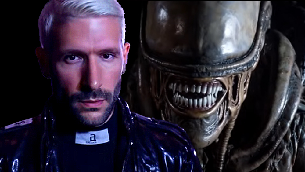 Images from an AI-generated music video showing DJ Don Diablo and a monster that looks like a creature from the film Alien