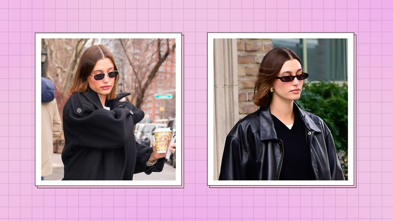 Hailey Bieber&#039;s hair color: Hailey pictured with a brunette bob in New York City, wearing black sunglasses and black coats in both images/ in a pink and purple check template