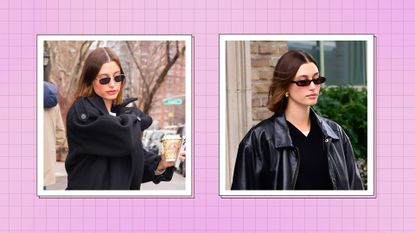 Hailey Bieber's hair color: Hailey pictured with a brunette bob in New York City, wearing black sunglasses and black coats in both images/ in a pink and purple check template