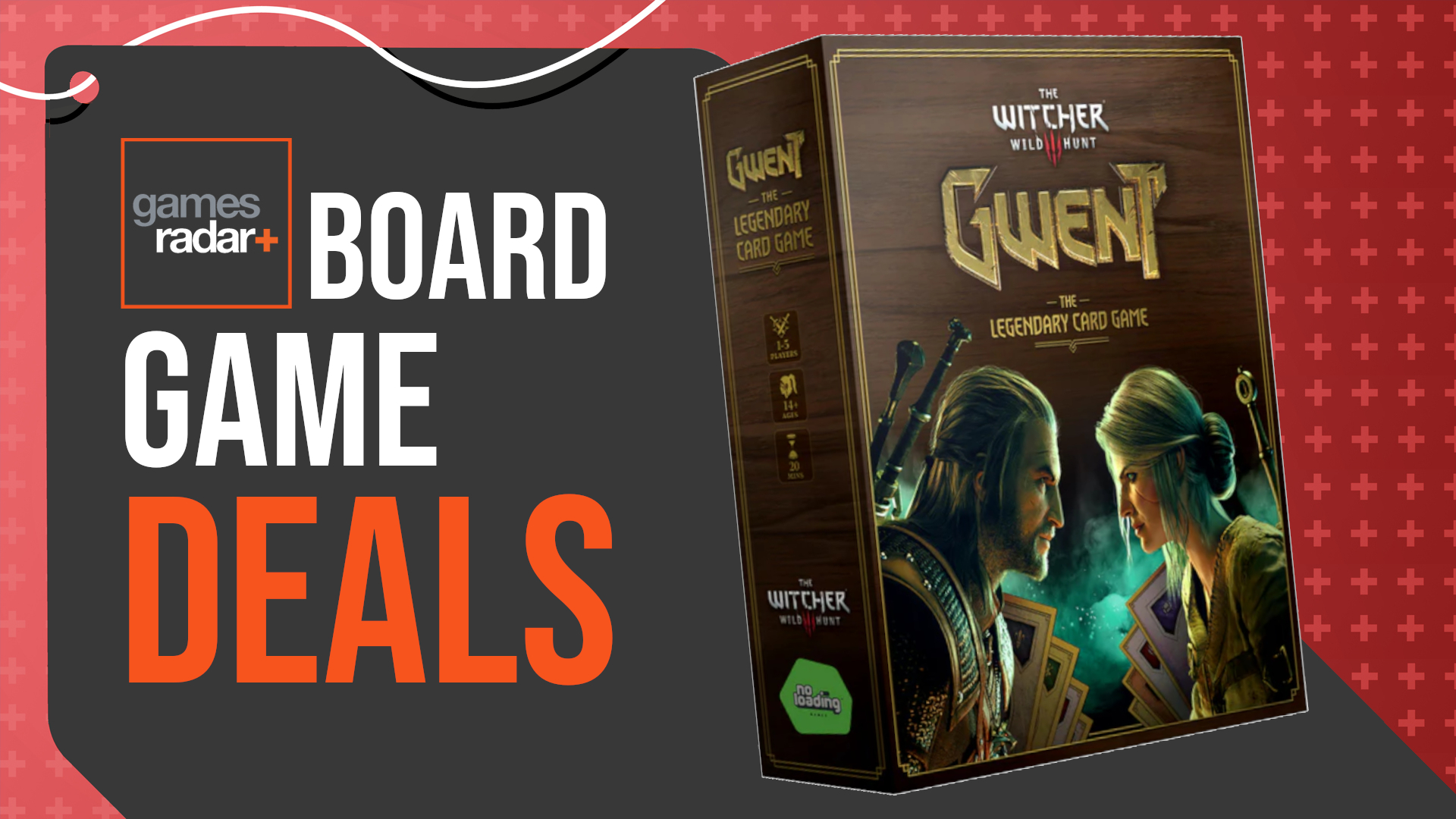 A GamesRadar+ logo and 'board game deals' beside Gwent, all on a red and gray background
