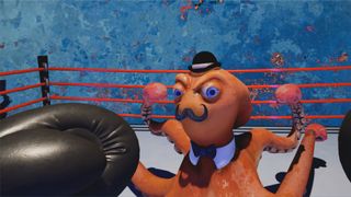 En skärmdump från en pågående boxningsmatch i Knockout League, där motståndaren är en orange bläckfisk med mustache.