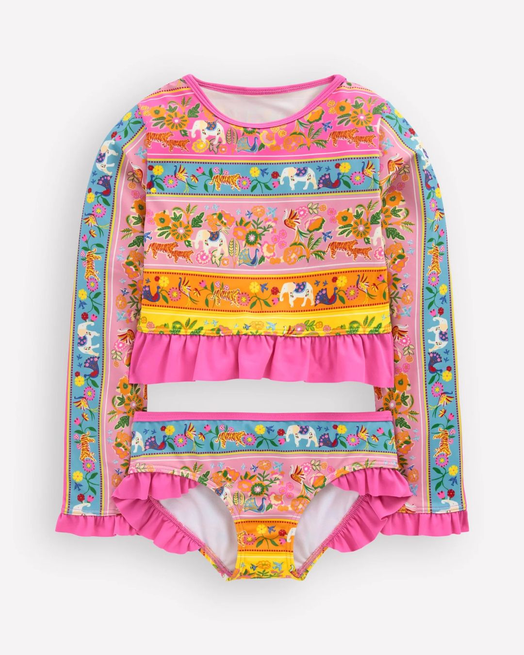 Boden Long Sleeve Frill Set-Multi Tropical Animals