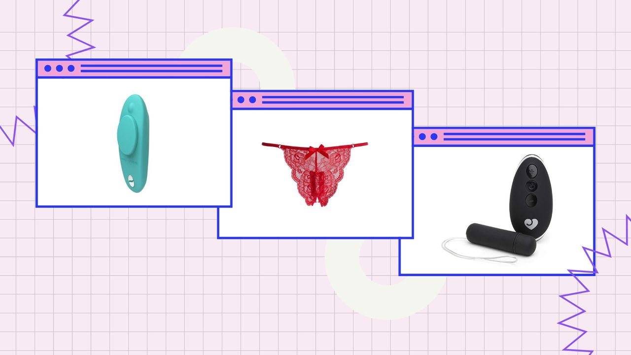 three vibrating panties options within white squares, on a pink chequered background