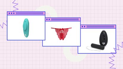 three vibrating panties options within white squares, on a pink chequered background