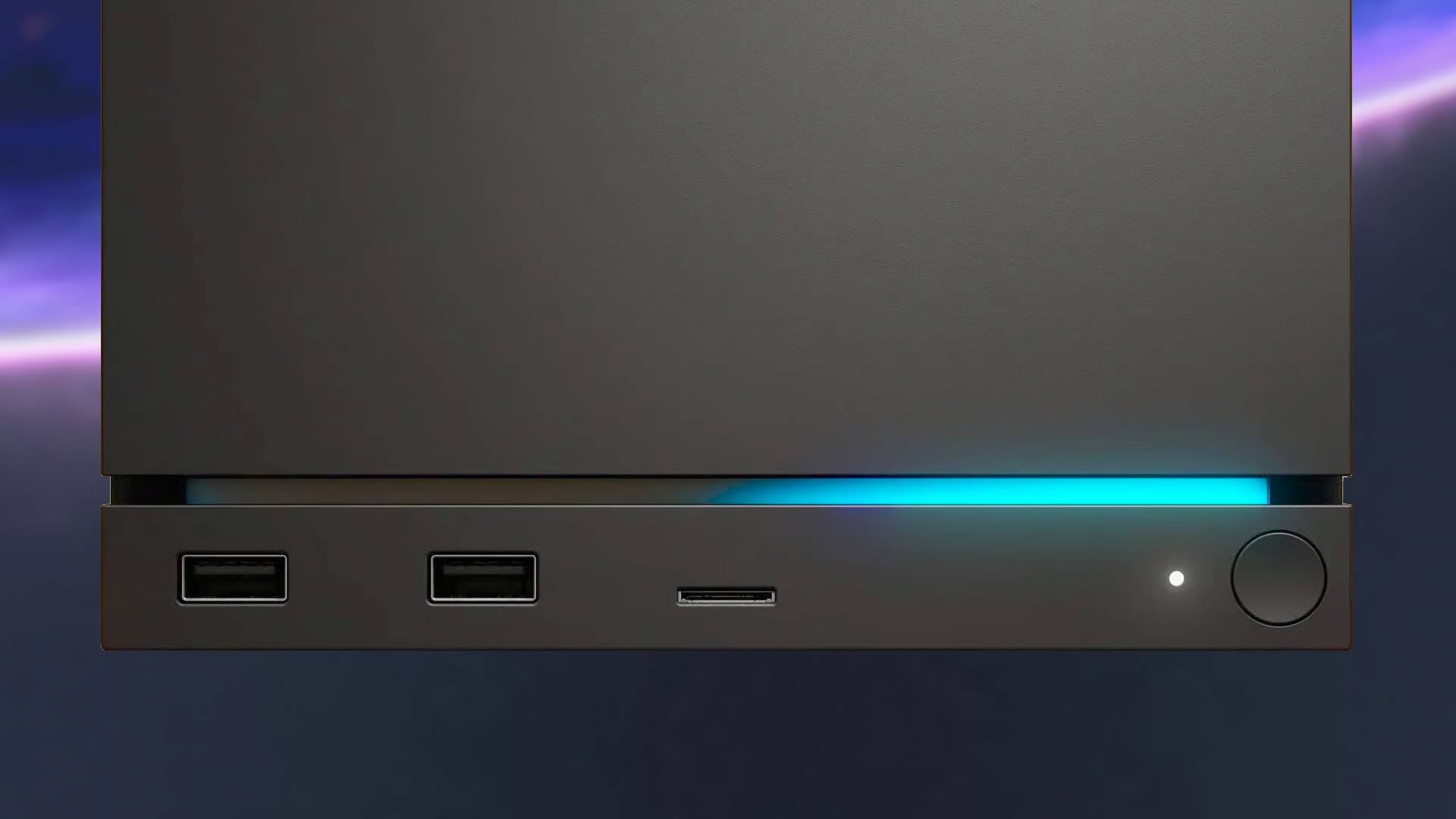 Close up of Steam Machine with blue LED strip on front and SteamOS backdrop.