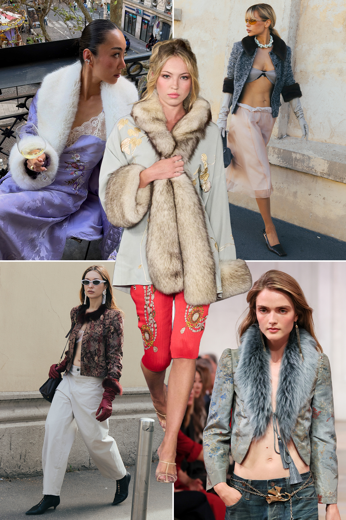 A collage of the fur-trim maximalist autumn 2026 fashion trend.