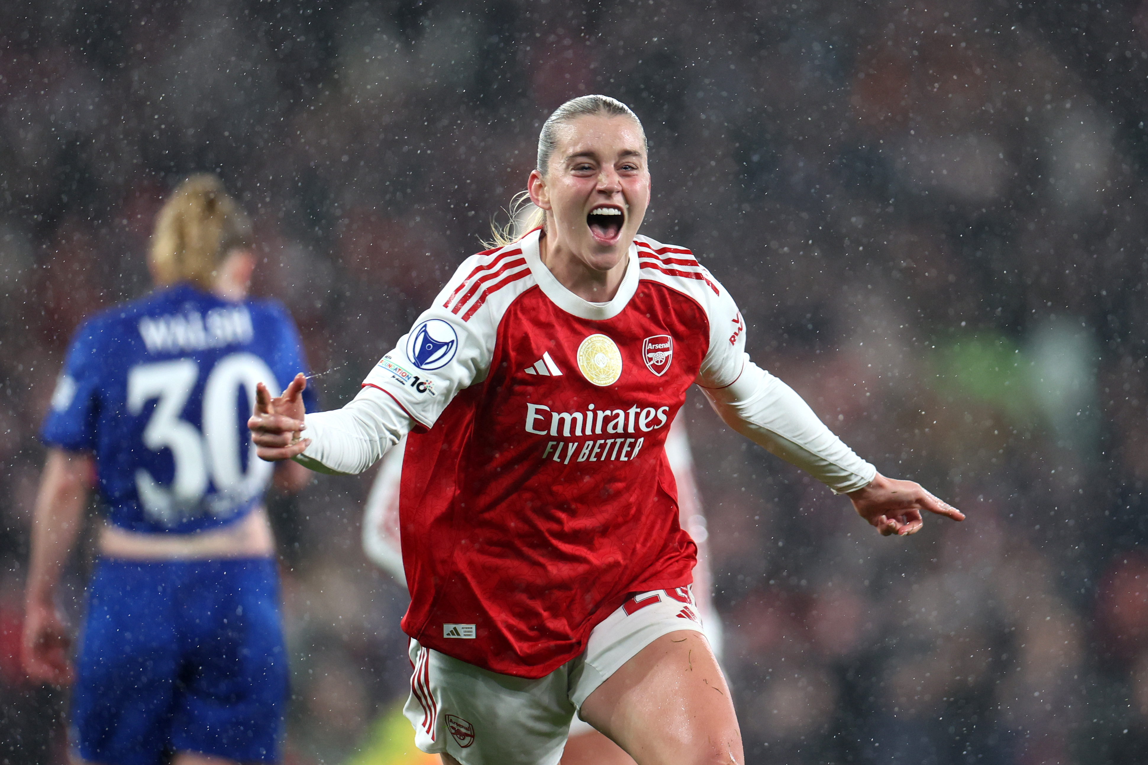 LONDON, ENGLAND - MARCH 24: Alessia Russo of Arsenal celebrates scoring her team&amp;amp;apos;s third goal during the UEFA Women&amp;amp;apos;s Champions League 2025/26 Quarter-finals First Leg match between Arsenal and Chelsea at Arsenal Stadium on March 24, 2026 in London, England. (Photo by Harry Murphy - UEFA/UEFA via Getty Images)