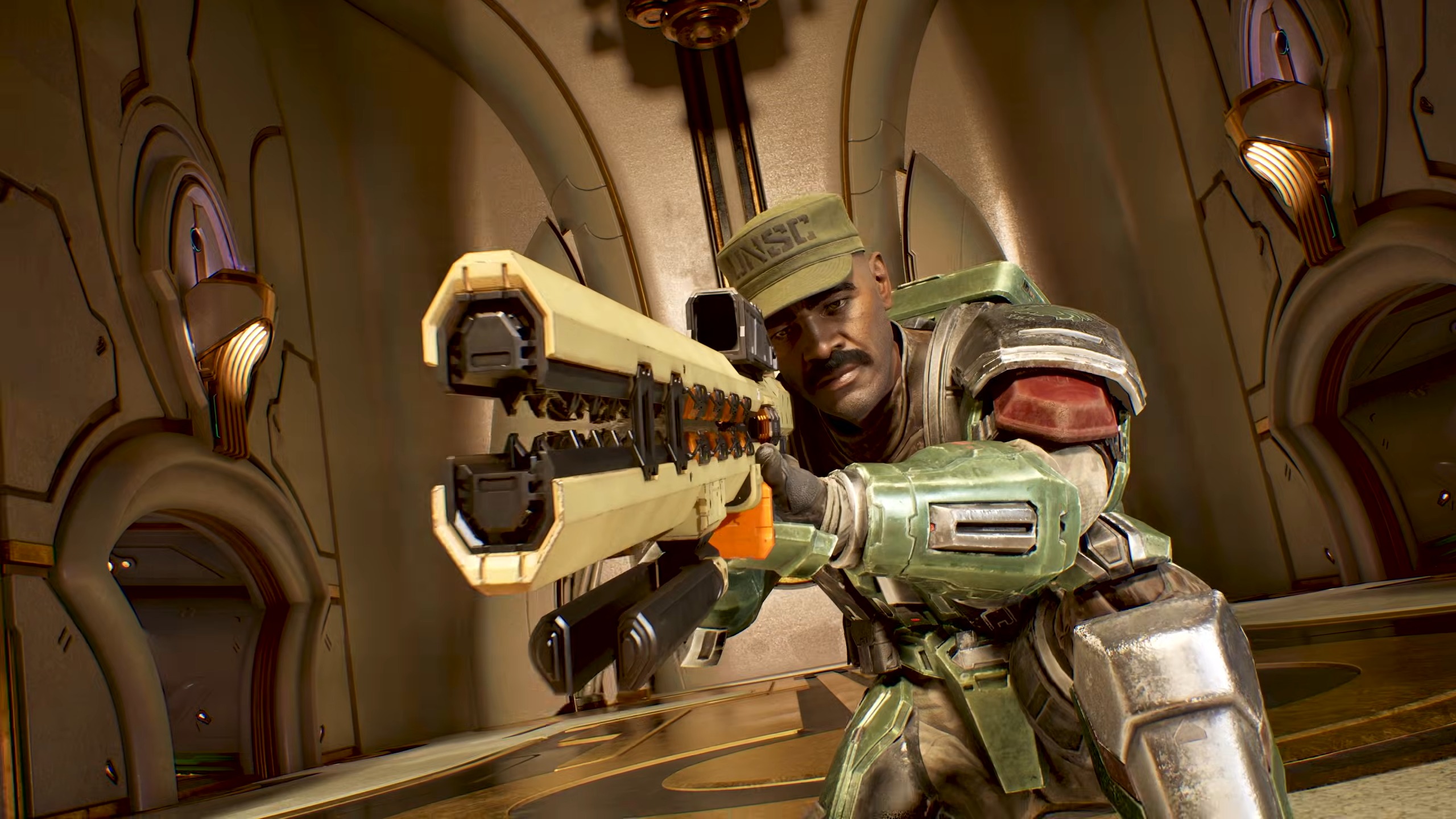 Halo: Campaign Evolved screenshot shows a man aiming a gun.