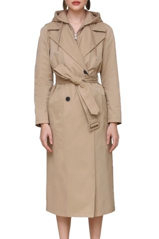 Maxi Trench Coat With Quilted Bib Hoodie