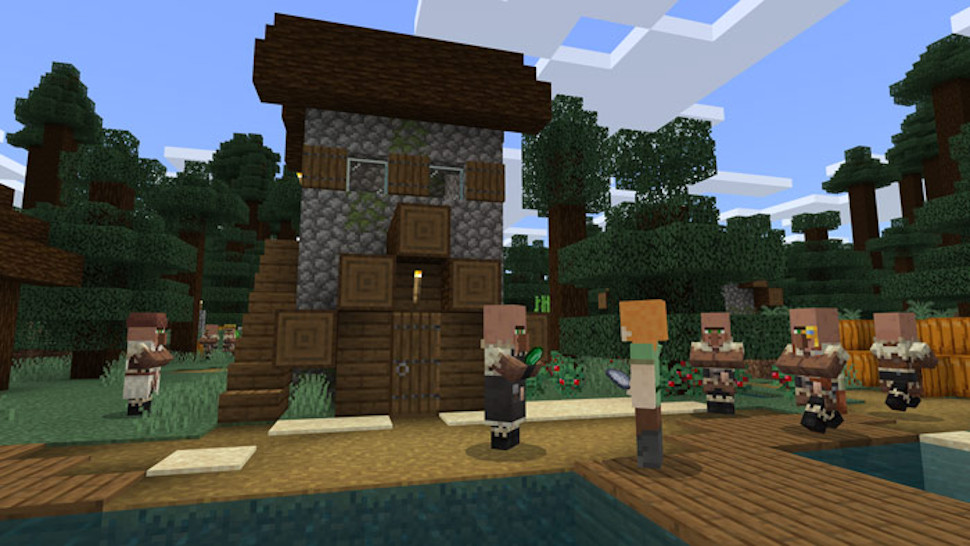 Minecraft gaming image of six people in a digital field with a house and trees behind