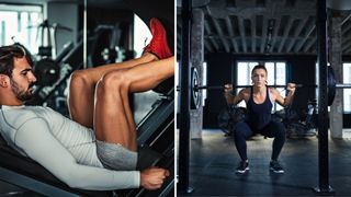 A man using the leg press machine and a woman doing a barbell squat