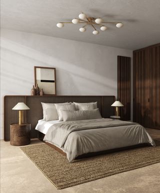 netural and brown bedroom with large glass and gold ceiling light