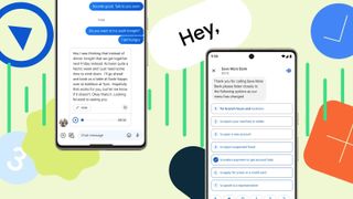 Two Google Pixel phones showing two conversations in Google Messages on a colorful graphic background