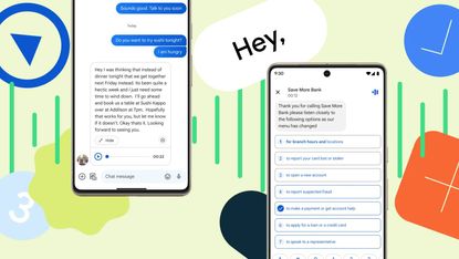 Two Google Pixel phones showing two conversations in Google Messages on a colorful graphic background