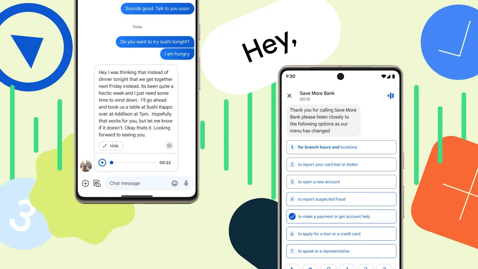 Two Google Pixel phones showing two conversations in Google Messages on a colorful graphic background