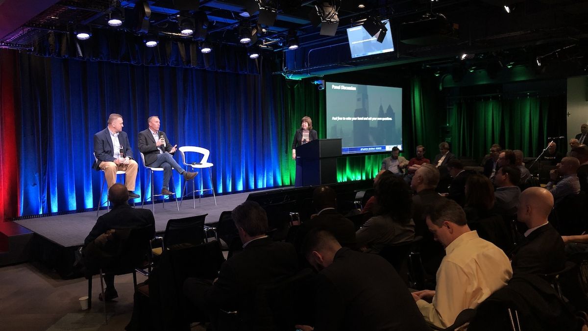 From left: Thomas Earley, Kevin Hyatt, and Dr. S. Ann Earon at Tuesday morning&#039;s session of Collaboration Week New York 2020.