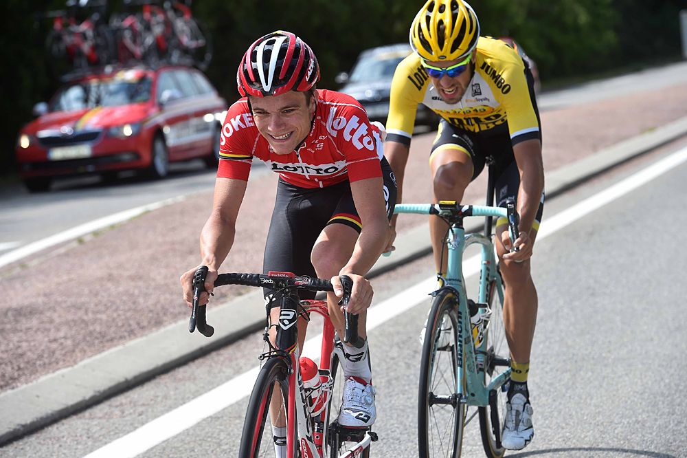 Breakaway riders Tosh Van Der Sande (Lotto Soudal) and Martijn Keizer (Team LottoNL-Jumbo)