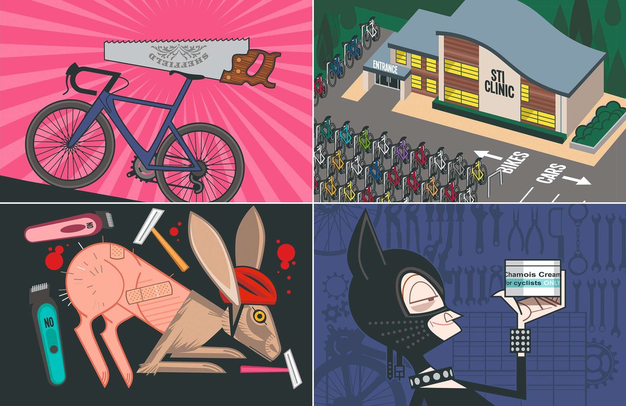 Montage of illustrations showing bike with saw on saddle, STI clinic, shaven bunny and person carrying chamois cream wearing latex outfit