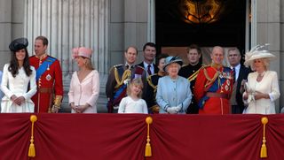 Members of the Royal Family including Princess Kate, Prince William, Duchess Sophie, Prince Edward, Queen Elizabeth, Prince Philip, Prince Harry and Queen Camilla on the Buckingham Palace balcony during Trooping the Colour 2011