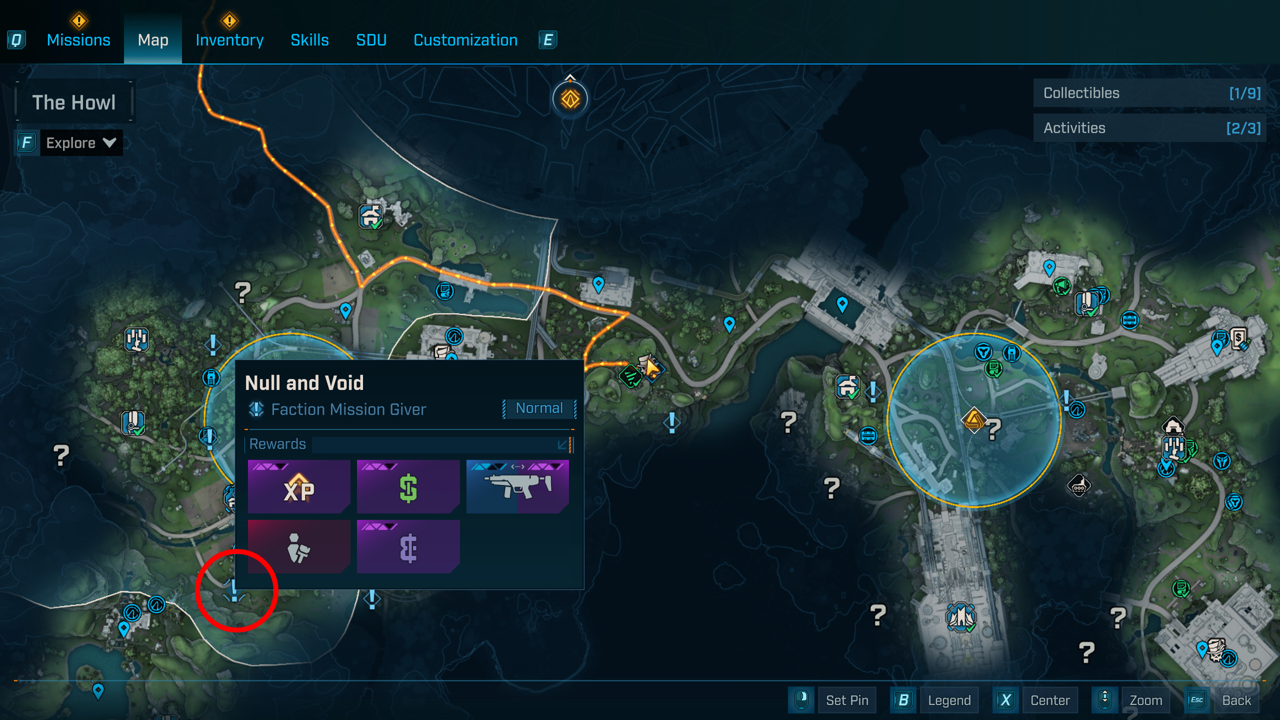 Borderlands 4 Kickballer location: A map with a red circle highlighting the location of the Null and Void side mission in the Fadefields.