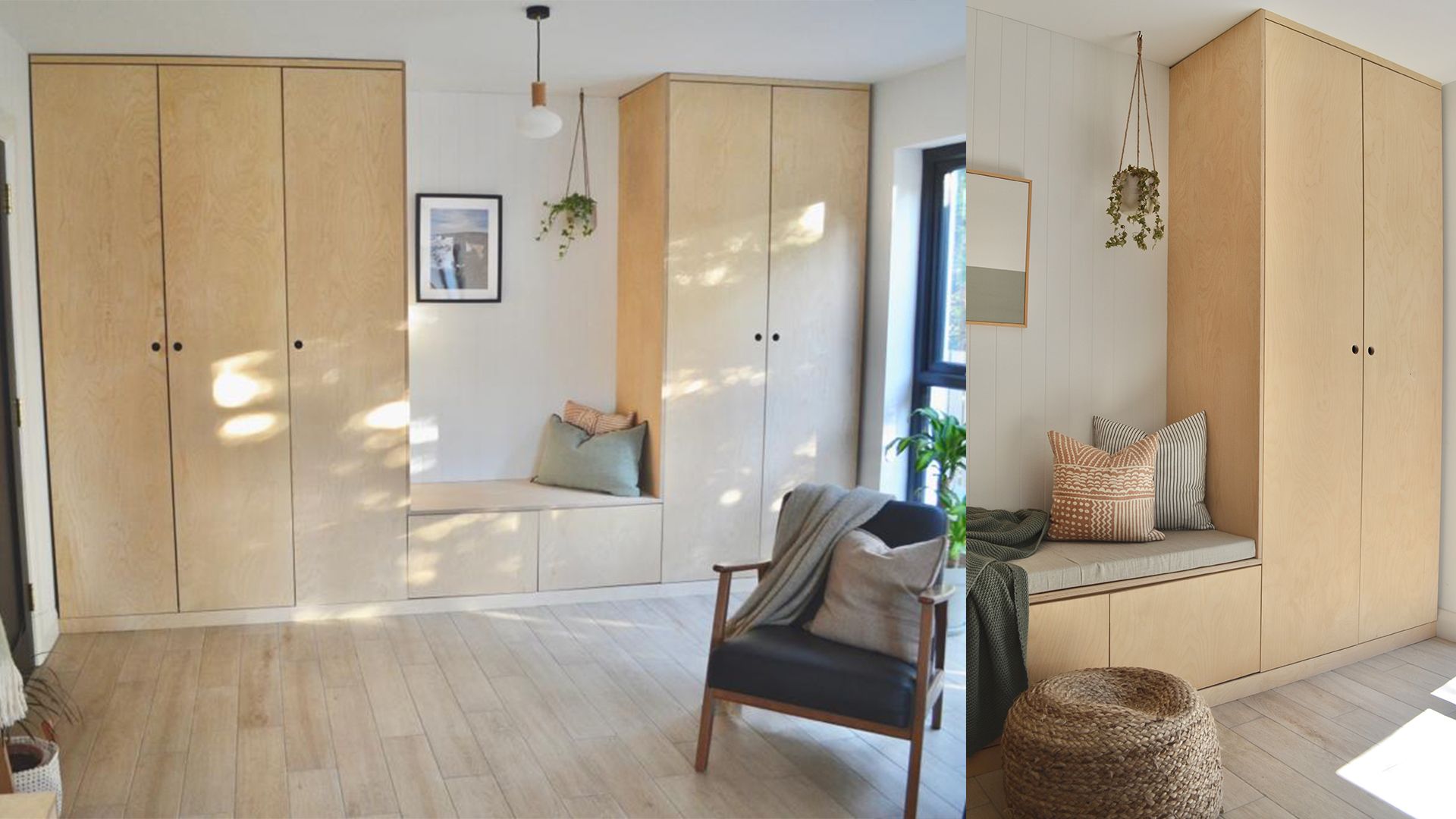 yellow built-in storage with connecting bench