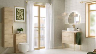 large bathroom with light wood furniture, cream tiling, large french doors with curtains, green towels and green and cream wall art