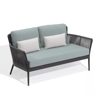 blue and grey rattan loveseat for balcony