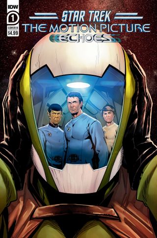 three people in Starfleet uniforms are seen in the reflective visor of another person's spacesuit